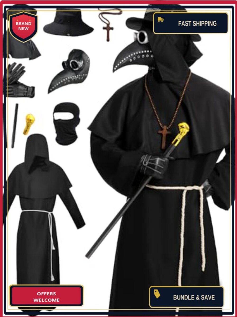 Plague Doctor Costume 9-in-1 Latex Mask Steampunk Halloween Cosplay Robe